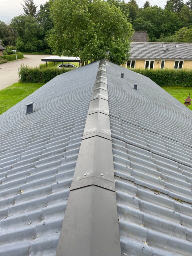 Tag med metalplader, omgivet af træer og bygninger.
